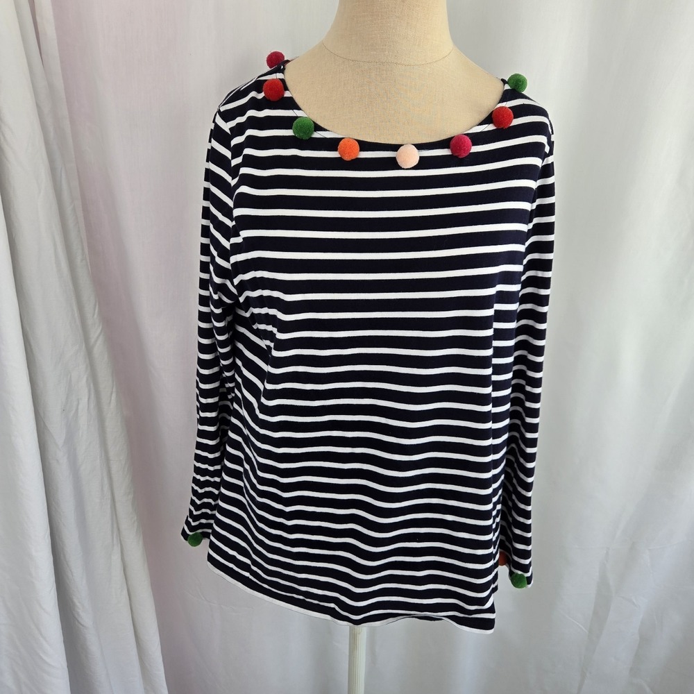 Boden Breton Striped Pom Pom Holiday T-shirt Top Size 12 Blue White Long Sleeve